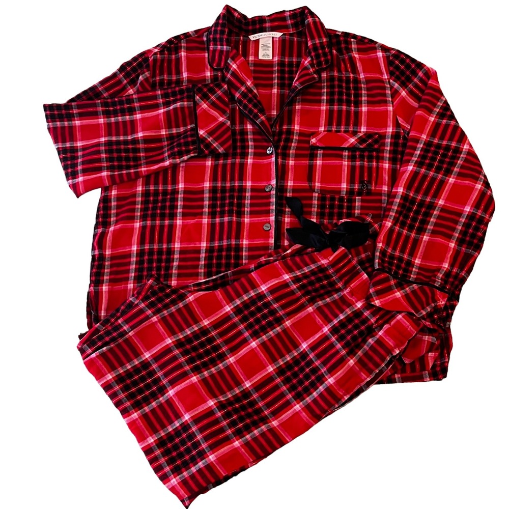 Victorias Secret 2 Piece Pajama Set Womens Medium Cotton Red Black Plaid